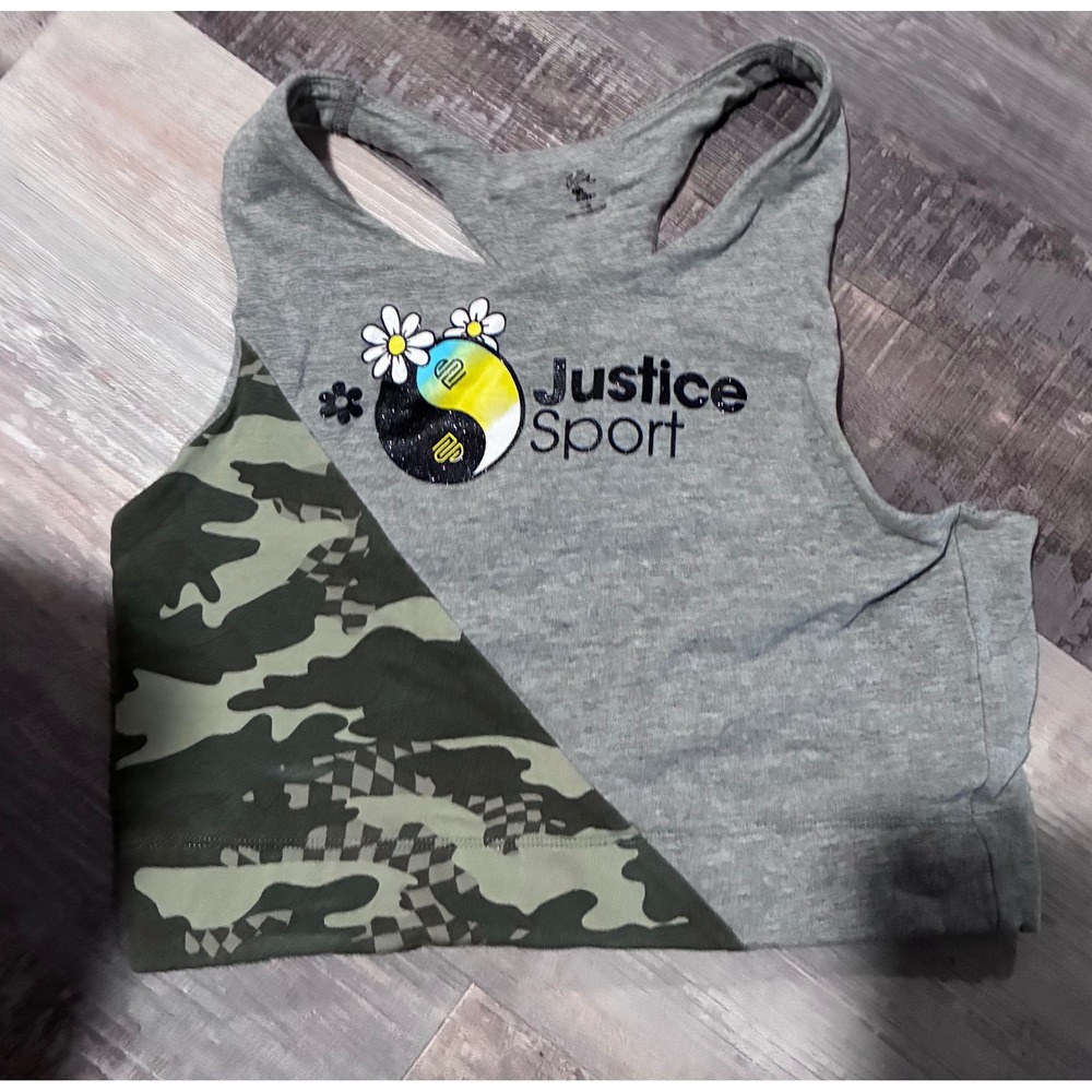 Justice Sport Girls Gray Camo Racerback Tank Top Activewear Top Youth Size 36